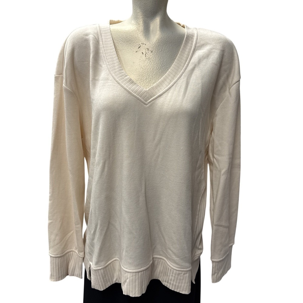 Women's XL Cream V Neck Long Sleeve Ribbed Detail Sweatshirt Pullover Top READ‎